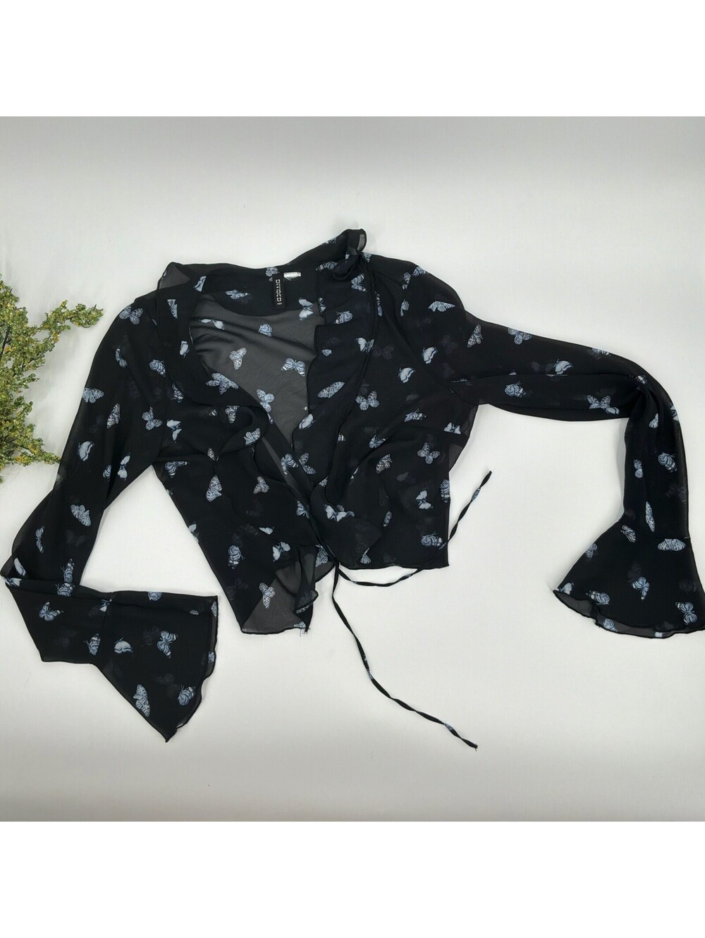 Divided Sheer Black Butterfly Print Tie Front Blouse Size Small